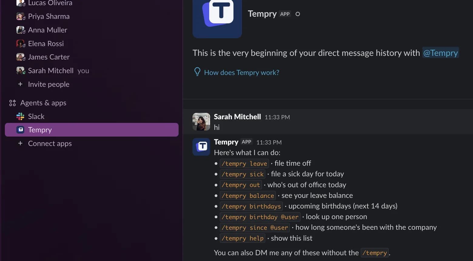 A Slack DM with Tempry listing its slash commands: /tempry leave, /tempry sick, /tempry out, /tempry balance, /tempry birthdays, and /tempry help